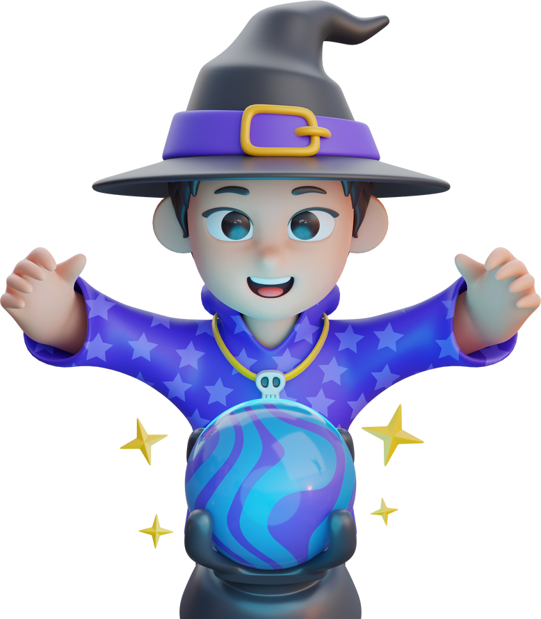 Boy in Wizard Costume Halloween with Magic Ball 3D Illustration