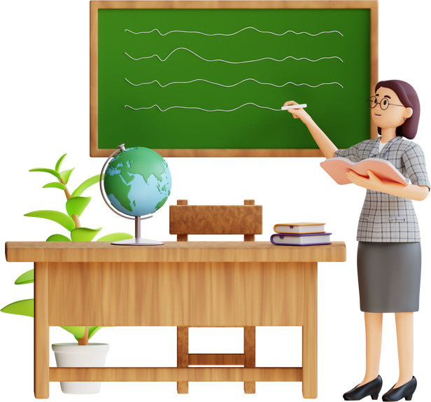 female teacher writing on the blackboard 3d character illustration