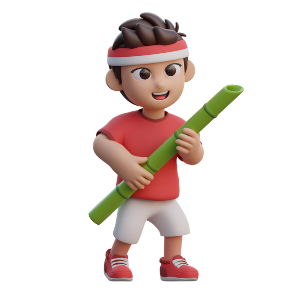 Boy Holding Bamboo 3D Illustration